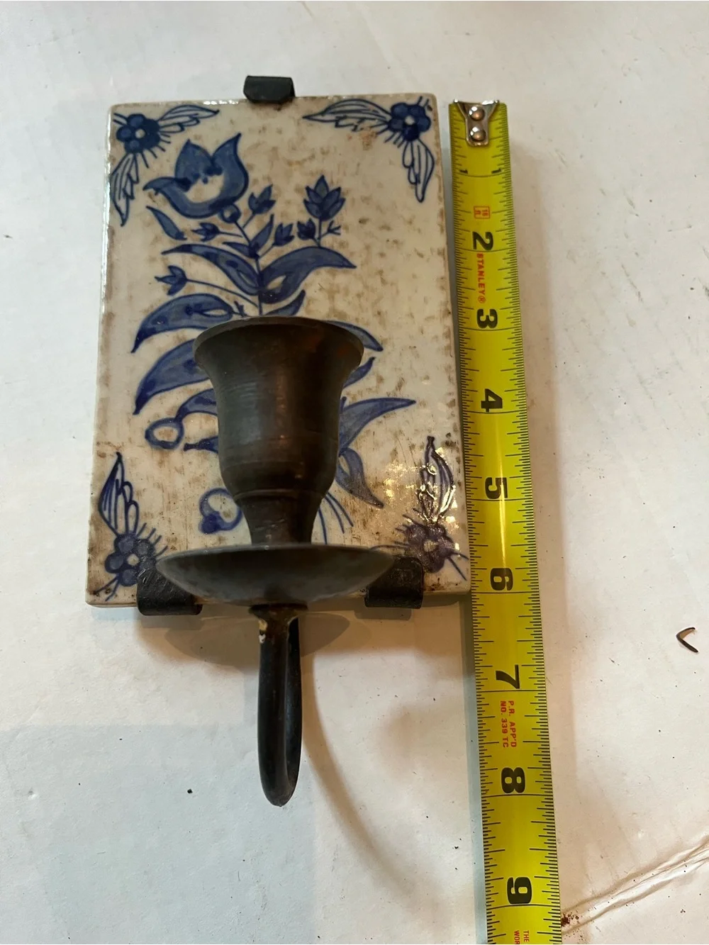 Vintage Blue Floral Ceramic Wall Sconce Candle Holder